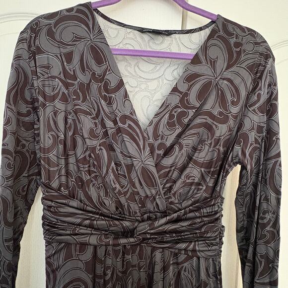 Banana Republic Petite Amy Print Dress Gray Long Sleeve V-Neck Ruched Waist L - Picture 6 of 6